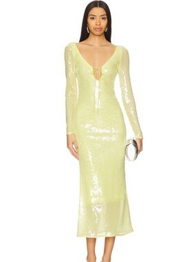 Long Sleeve Sequin Tie-Front Midi Dress in Pale Yellow